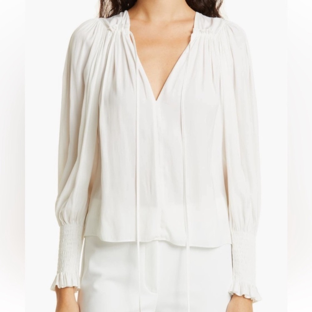 Rebecca Taylor V-Neck Long Sleeve Tie Neck satin Blouse